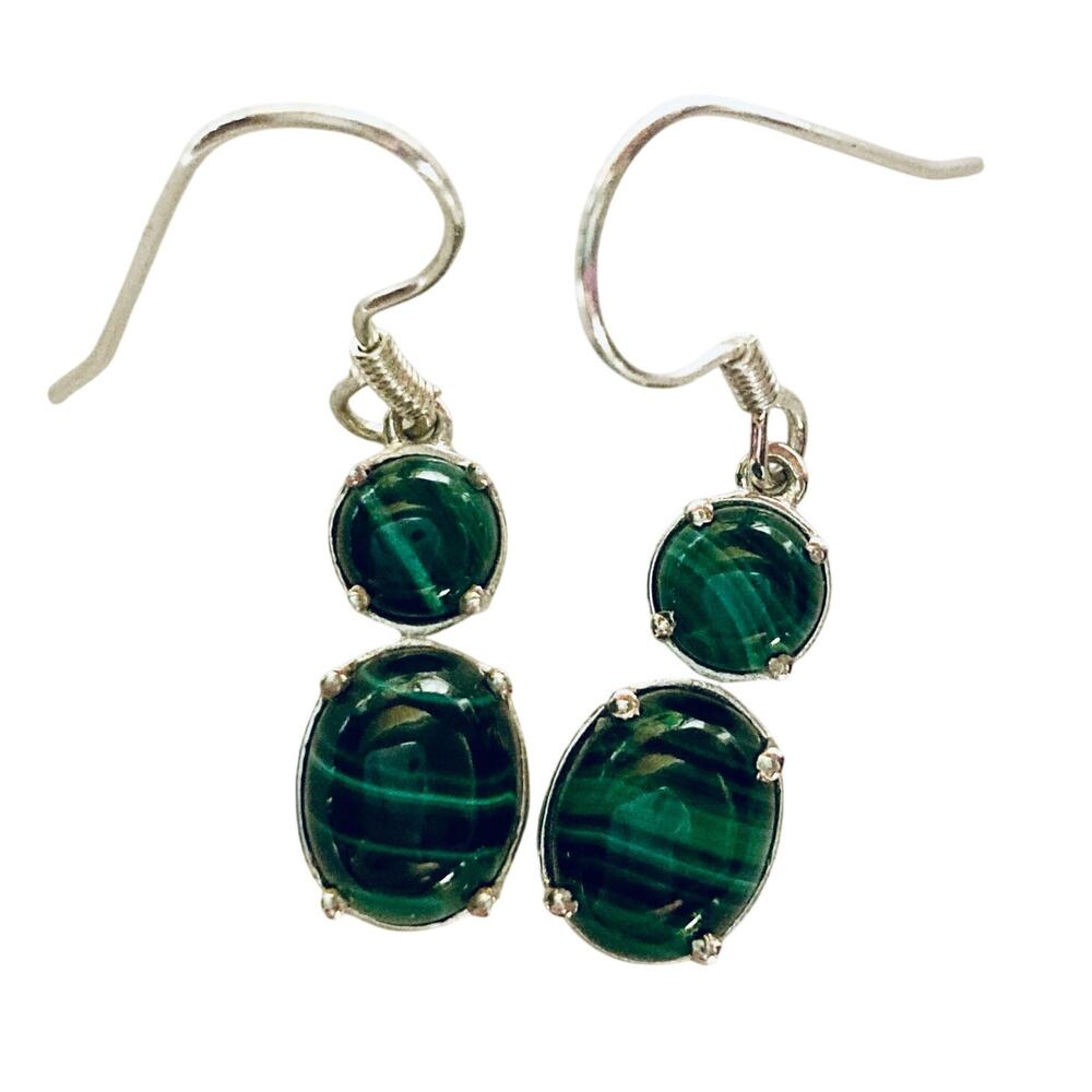 925 Sterling Silver Green Malachite Dangle Earrings stamped STS 1-1/4 inches